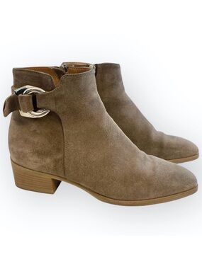 Aquatalia Faria Booties Taupe Brown Suede Ankle Boots 8 Buckle Square Toe 395346